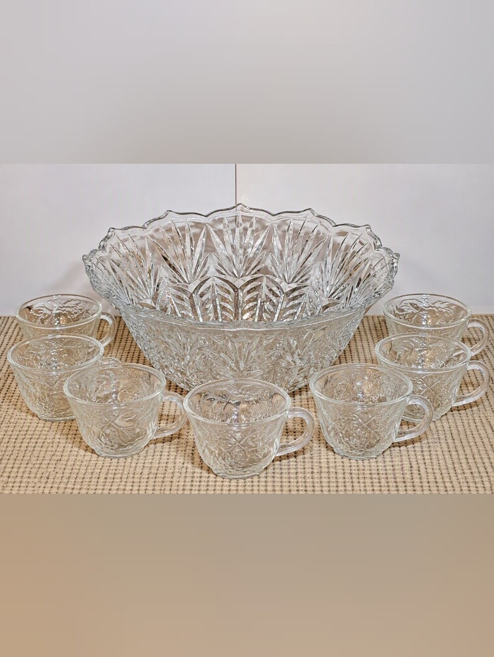 Vintage Crystal Cut Glass Punch Bowl Set With 8 Cups